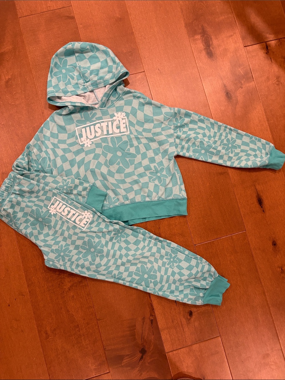 Justice Girls Teal Checkerboard Floral Hoodie & Joggers Set